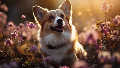 Sticker - Cute puppy sitting in meadow, enjoying nature beauty generated by AI