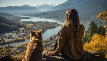 Wall Mural - One person sitting outdoors, looking at tranquil autumn landscape generated by AI