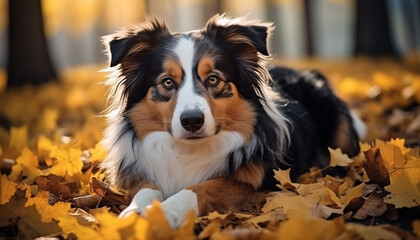 Poster - Cute puppy sitting outdoors, looking at camera, surrounded by nature generated by AI