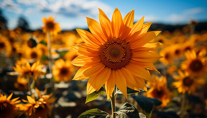 Canvas Print - Sunflower, nature yellow beauty, blooms in summer vibrant meadow generated by AI