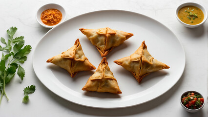 Wall Mural - A top down view of chicken samosas arranged symmetrically on a minimalist white plate with simplicity and the rich, savory allure of the samosas, inviting viewers to savor the culinary experience