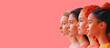 Women's Day celebration banner with graphic illustration of multiple women's faces on a pastel pink background.