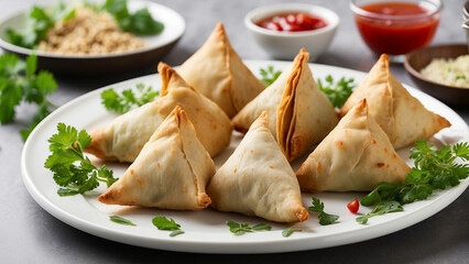 Wall Mural - chicken samosas on a white plate include elements like fresh herbs, dipping sauces, or garnishes to enhance the visual appeal and convey the delightful dining experience that awaits those who indulge 