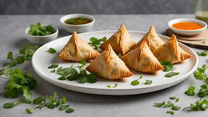 Wall Mural - chicken samosas on a white plate include elements like fresh herbs, dipping sauces, or garnishes to enhance the visual appeal and convey the delightful dining experience that awaits those who indulge 