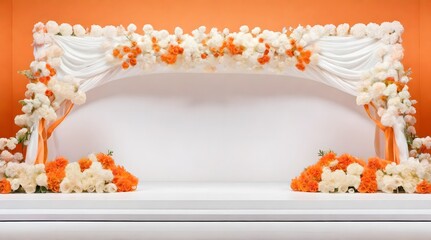 Wall Mural - Decorated white wedding arch with orange and white flowers on the table