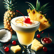 a tropical piña colada cocktail in a piña colada glass, garnished with a pineapple slice and a maraschino cherry, showcasing its creamy texture, golden hues, and refreshing condensation