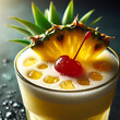 a tropical piña colada cocktail, garnished with a pineapple slice and a maraschino cherry, golden hues, and refreshing condensation