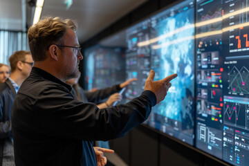 A cyber network defender giving a workshop on digital security practices to non-technical staff, using a large interactive display