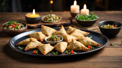 Wall Mural - A festive gathering where the centerpiece is a platter of succulent chicken samosas on a dark, polished wooden table