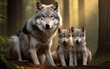 © KBL Sungkid - realistic photo Family of gray wolves in with forest background. generative ai