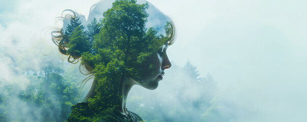 an ethereal double exposure of a woman and a green forest, symbolizing environment protection and su
