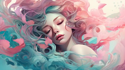 Wall Mural - Illustrate a women's beauty with a dreamy color palette of Turquoise and Soft pink tones, complemented by ethereal swirls and flowing typography --ar 16:9 Job ID: 4474c20d-ea7e-433a-84ce-82f11b9ed83c