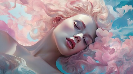 Wall Mural - Beautiful woman with long curly pink hair. Perfect makeup. Beauty, fashion