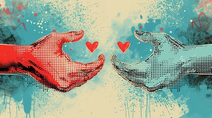 Wall Mural - Halftone Valentines day collage covers set in contemporary mixed media style. Modern vector poster with dotted elements - hands and hearts. Concept of relationship, love, romance, valentine day