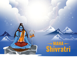 Poster - Hindu Festival of Maha Shivaratri Celebration Concept with Lord Shiva Meditating on Floating Rock and Glossy Glacier Mountain Illustration.