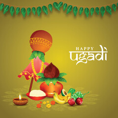 Canvas Print - Happy Ugadi Celebration Concept with Traditional Gudhi, Worship Pot (Kalash), Fruits, Flowers, Salt Bowl and Illuminated Oil Lamp on Green Rangoli Background.