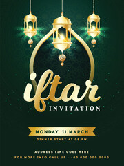 Sticker - Iftar Party Invitation Card, Flyer Design with Hanging Illuminated Golden Lanterns on Green Background.