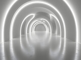 Fototapeta Perspektywa 3d - A futuristic tunnel with white walls and glowing orange stripes. The floor is shiny and white. The end of the tunnel has a bright light.