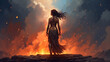 warrior woman standing on the ground of fire digital art style, illustration painting