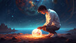 © Muhammad - Young man looking down at the glowing little planet on the ground, digital art style