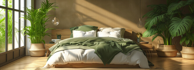 Wall Mural - Light modern minimalist bedroom interrior with nature.Green power concept.