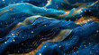 © Vita - Ocean waves watercolor texture background. Unique blue and gold ocean waves and stars at night. Vita’s magic illustration mobile, web banner for copy space
