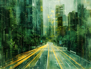 Wall Mural - A cyber cityscape at night with bright green data lights and a highway.