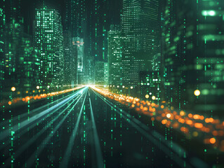 Wall Mural - A cyber cityscape at night with bright green data lights and a highway.