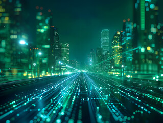 Wall Mural - A cyber cityscape at night with bright green data lights and a highway.