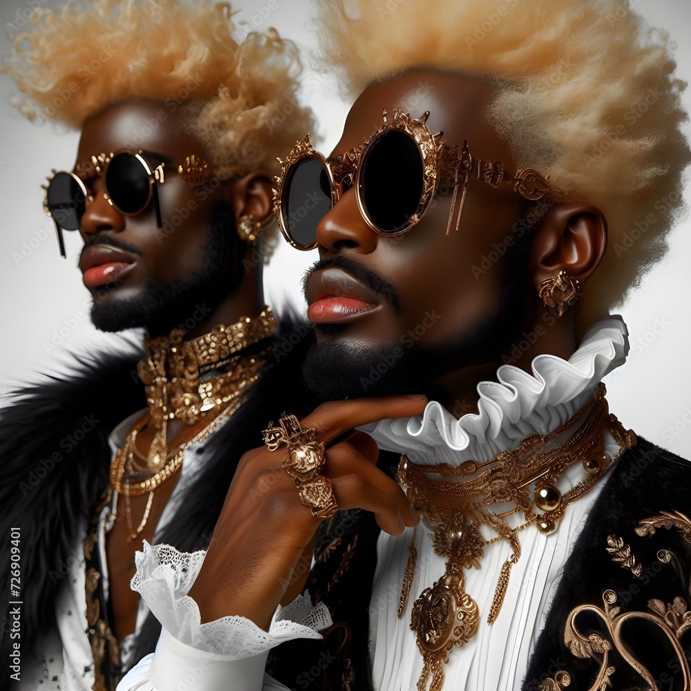 African man seductive renaissance rococo inspired photoshoot portrait on plain background