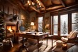 A warmly lit home office bathed in soft winter light, adorned with plush blankets, a flickering fireplace, and a desk with a view of snow-covered trees