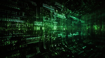 Dark green background with computer code