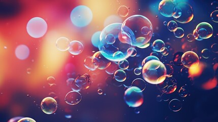 Close-up of transparent white liquid drops, colorful bubbles, and molecules.