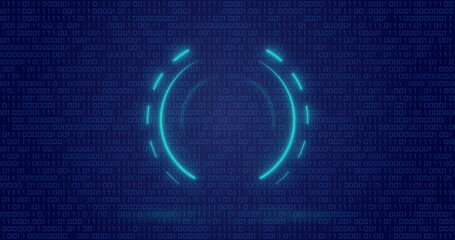 Image of neon circle over digital screen with binary code