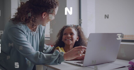 Poster - Image of data processing over happy diverse female teacher and schoolgirl using laptop in class