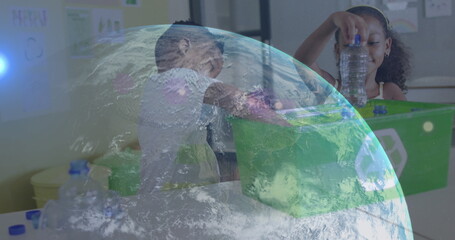 Poster - Image of globe over happy african american boy and girl recycling plastic in classroom