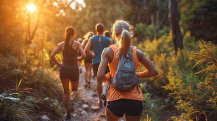 Group of adults running on a trail. Outdoor fitness.