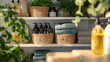 Clean and neatly organized laundry room shelves with towels, detergent bottles and plants.