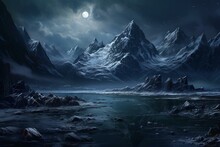 Landscape With Frozen Lake And Towering Mountains. Generative AI