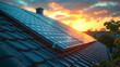 Newly built houses with black solar panels on the roof against a sunny sky Close up of new building with black solar panels at sunset