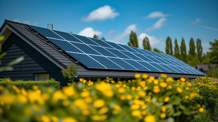 Newly built houses with bleu solar panels on the roof during spring