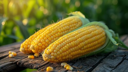 Poster - The corn was harvested on a wooden table, the green background from a corn tree.