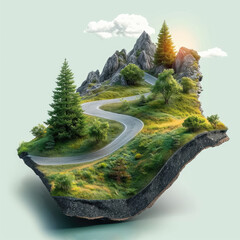 3d style, road illustration of green landscape isolated, travel and tourism in summer.