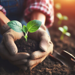 A woman farmer cradles a vibrant green seedling flourishing in the rich soil.