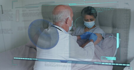 Sticker - Image of data processing over caucasian male doctor with senior patient