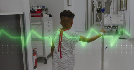 Poster - Image of medical data processing over biracial boy patient with drip