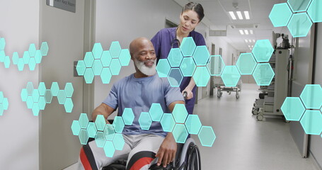 Wall Mural - Image of medical data processing over biracial female doctor with male patient