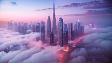 Dubai Skyline, An Impressive Aerial Top View Of The City In Dubai Marina On A Foggy