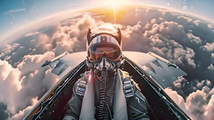 Wall Mural - Fighter pilots cockpit view under cloudy blue sky