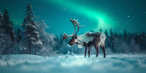 Poster - Majestic reindeer under enchanting northern lights in a serene snowy landscape. perfect for winter themes and nature backdrops. AI